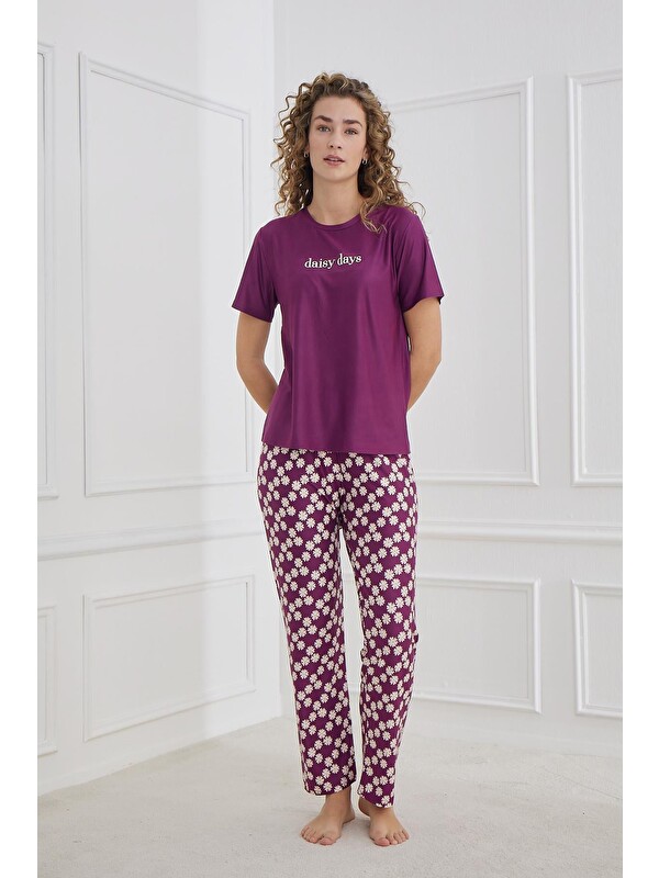 Kompedan Kadın Papatya Desenli Bisiklet Yaka Pijama Takım | Mor 30102-1284