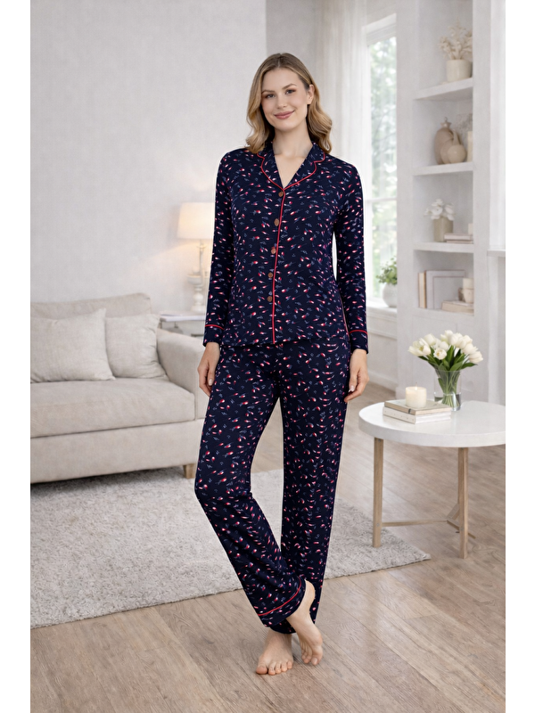 Formo PREMIUM Kadın Viskon Gömlek Yaka Boydan Düğmeli Biyeli Yüksek Kalite Uzun Kollu Pijama Takımı