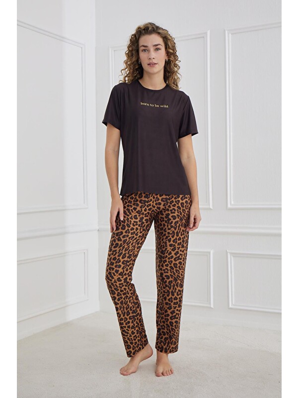 Kompedan Kadın Leopar Desenli Bisiklet Yaka Pijama Takım | Siyah 30102-1287