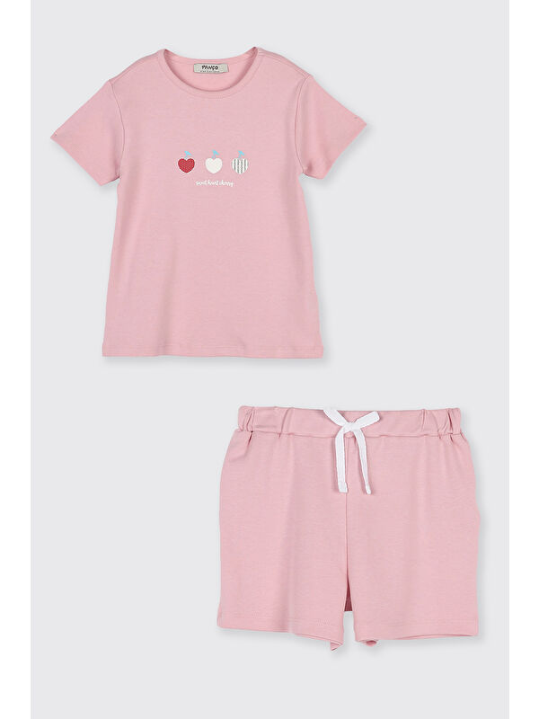 Panço Kız Çocuk Kiraz Baskılı Pembe Pijama Takımı