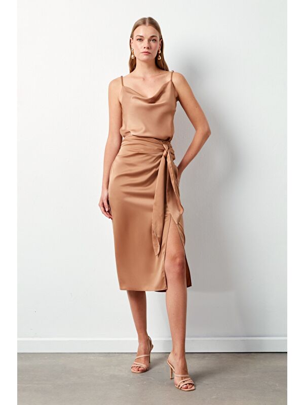 SATEEN Bağlamalı Saten Etek - Camel