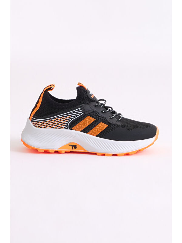 Çocuk Unisex Siyah Oranj Rahat Kalıp Nefes Alabilen Kumaş Bağcıklı Sneaker - Görsel 3
