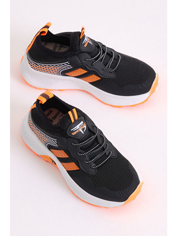 Çocuk Unisex Siyah Oranj Rahat Kalıp Nefes Alabilen Kumaş Bağcıklı Sneaker - Görsel 4