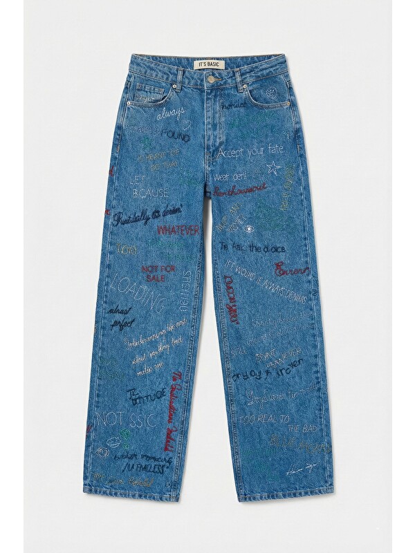 It's Basic Kadın Mavi 1s6-4 Straight Fit Yüksek Bel %100 Pamuk Özel Tasarım Denim Jean