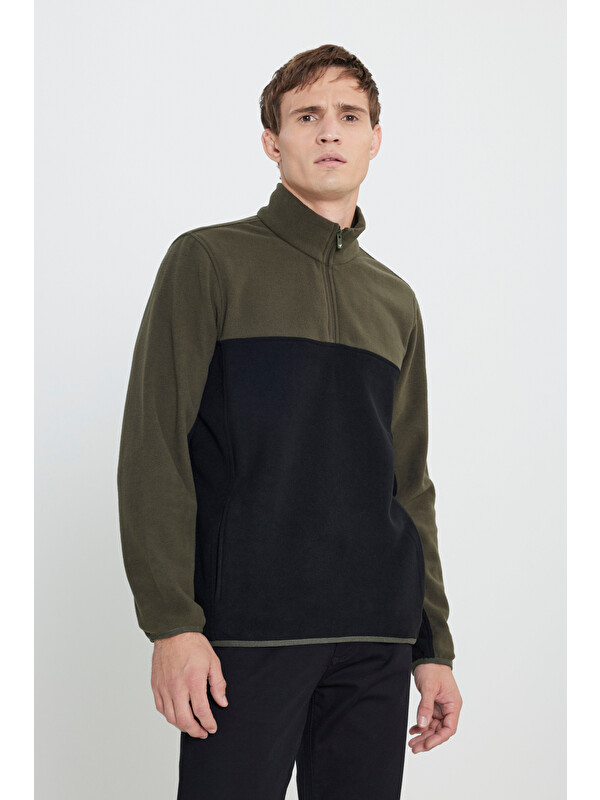 AC&Co / Altınyıldız Classics Erkek Haki-Siyah Standart Fit Dik Yaka İçi Polarlı Çift Renk Polar Sweatshirt