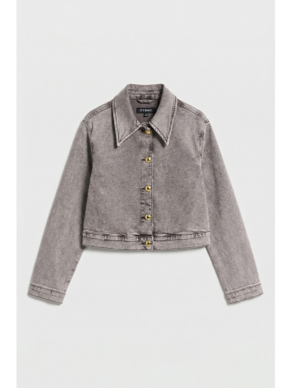 It's Basic Kadın Gri 3s6-158 Crop Fit Esnek Kumaş Düğmeli Denim Ceket