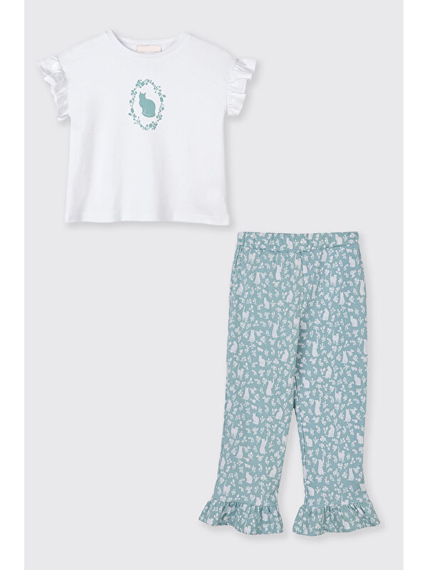 Panço Kız Çocuk Kolları Fırfır Detaylı Kedi Desenli Beli Lastikli Mavi Pijama Takımı