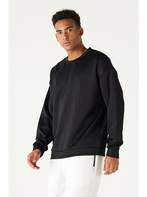 AC&Co / Altınyıldız Classics Erkek Siyah Oversize Bol Kesim Bisiklet Yaka Düz Sweatshirt