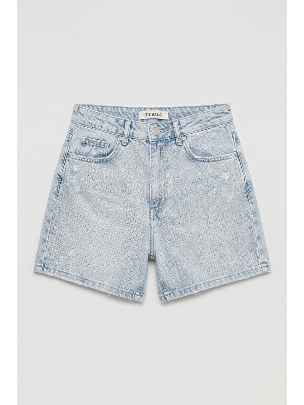 It's Basic Kadın Ice T1-4s6-3 Mom Fit Parlak Taşlı Yıldız Baskılı Özel Tasarım Denim Şort