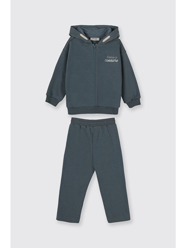 Panço Erkek Bebek Kapüşonlu Fermuarlı Sweatshirt Beli Lastikli Petrol 2'li Eşofman Takımı