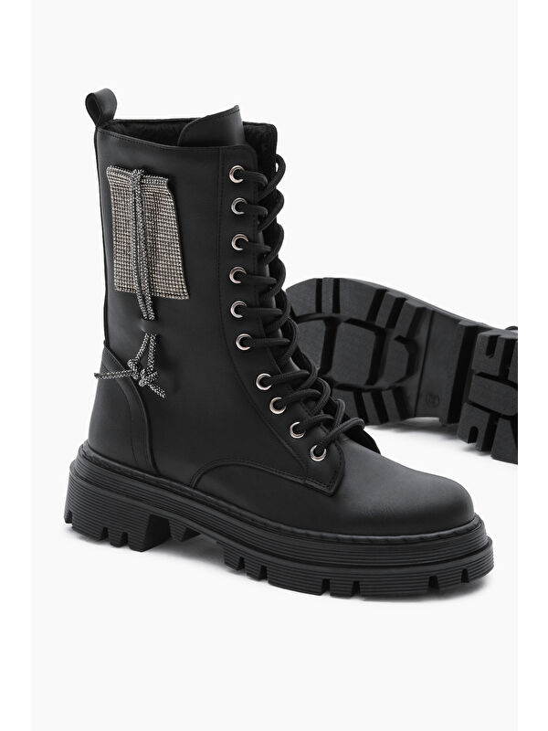 Tonny Black Siyah Tonny Black Cilt Termo Kadın Taban Yanı Taşlı Bağcıklı ve Fermuarlı Bot