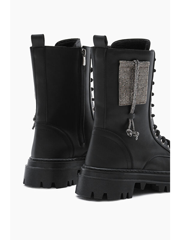 Tonny Black Siyah Tonny Black Cilt Termo Kadın Taban Yanı Taşlı Bağcıklı ve Fermuarlı Bot