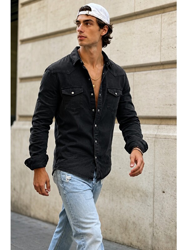 Tarz Cool Erkek Slim Fit Siyah Jean Gömlek Çıtçıt Düğmeli Uzun Kollu Denim Gömlek