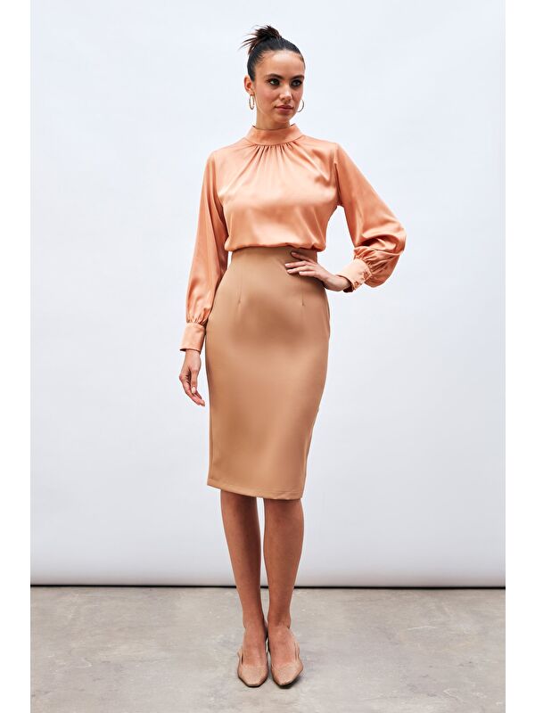 SATEEN Düz Kalem Etek - Camel