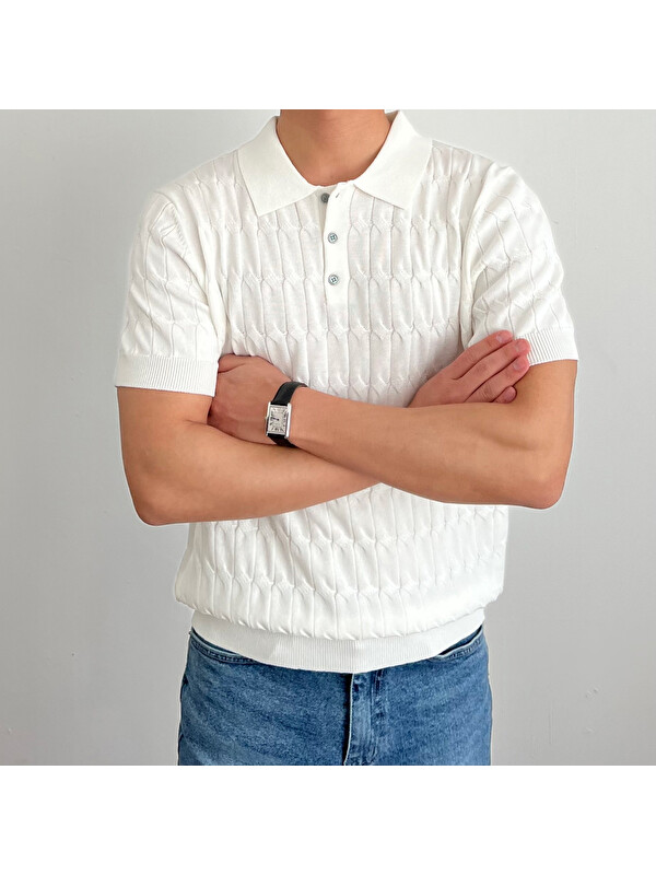 Tarz Cool Erkek İnce Saç Örgülü Düğmeli Slim Fit Polo Yaka Triko Tişört