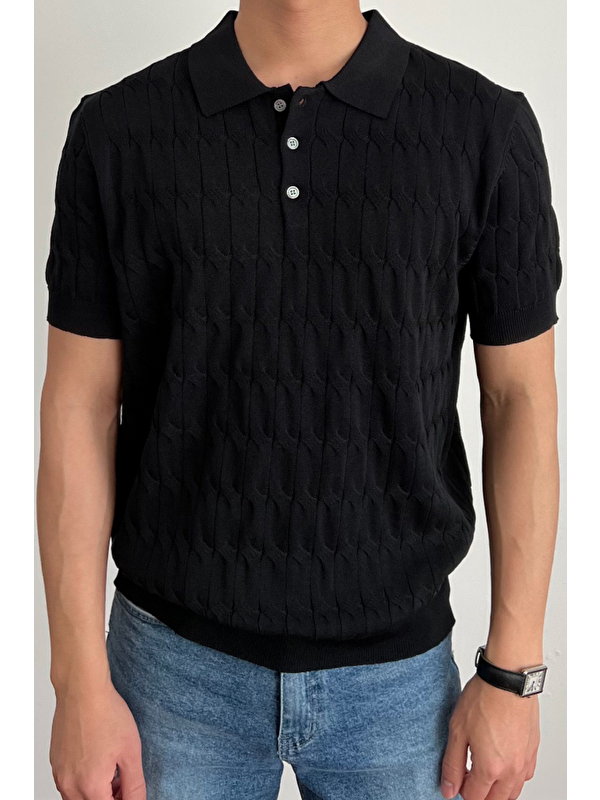 Tarz Cool Erkek İnce Saç Örgülü Düğmeli Slim Fit Polo Yaka Triko Tişört