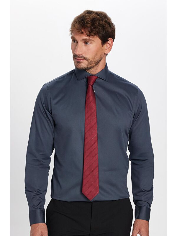 TUDORS Slim Fit Pamuk Saten Premium Seri Erkek Antrasit %100 Pamuk Gömlek