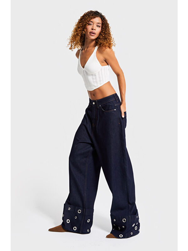 It's Basic Kadın İndigo Renk 7w5-50 Süper Baggy Fit Özel Viskon Kumaş Kuş Gözü Detaylı Denim Jean