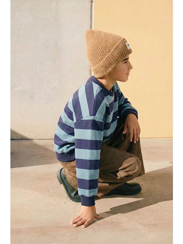 CİGİT Çizgili Triko Sweatshırt 2-12 Yaş Mint Lacivert