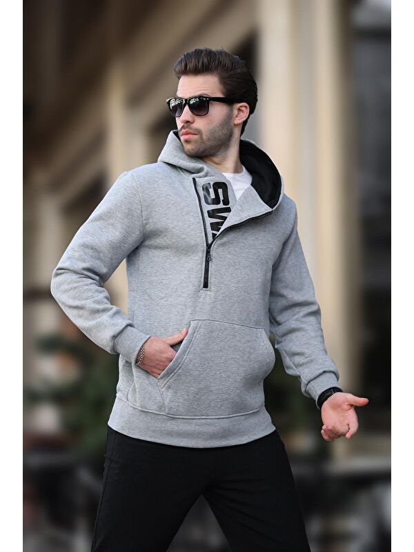 Madmext Gri Fermuar Detaylı Kapüşonlu Erkek Hoodie 1767