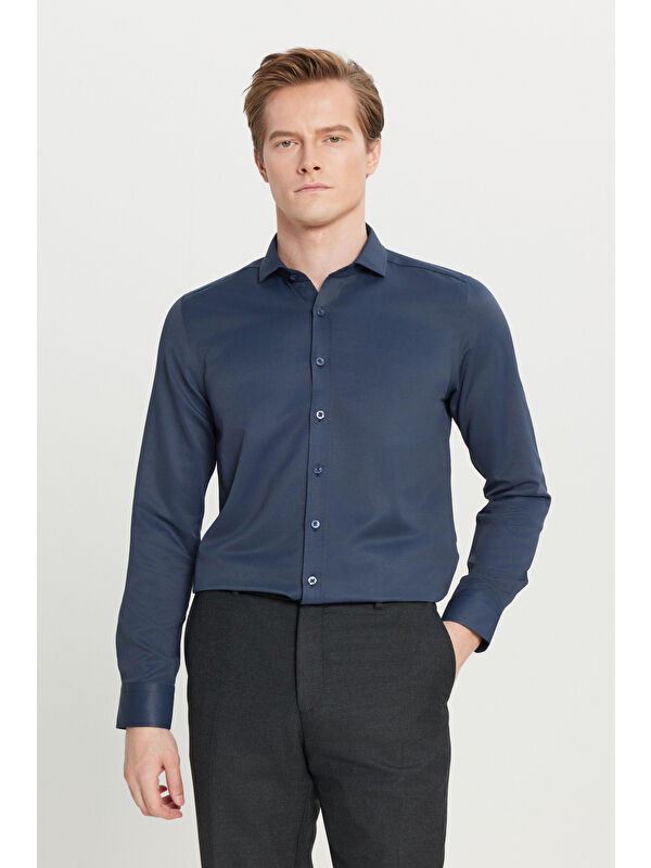 AC&Co / Altınyıldız Classics Erkek Lacivert Kolay Ütülenebilir Slim Fit Dar Kesim İtalyan Yaka Armürlü Basic Gömlek