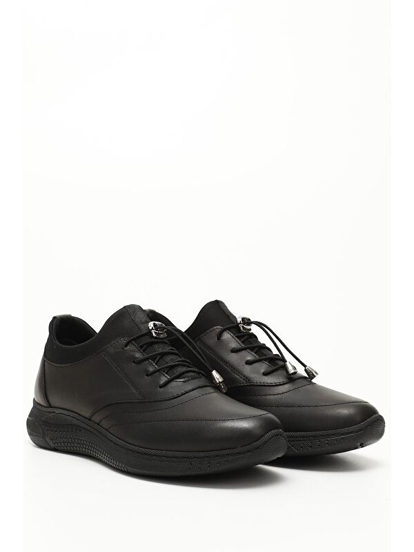 SİYAH Hakiki Deri Yuvarlak Burun Dolgu Taban Bağcıklı Kadın Sneaker 42610 - Görsel 4