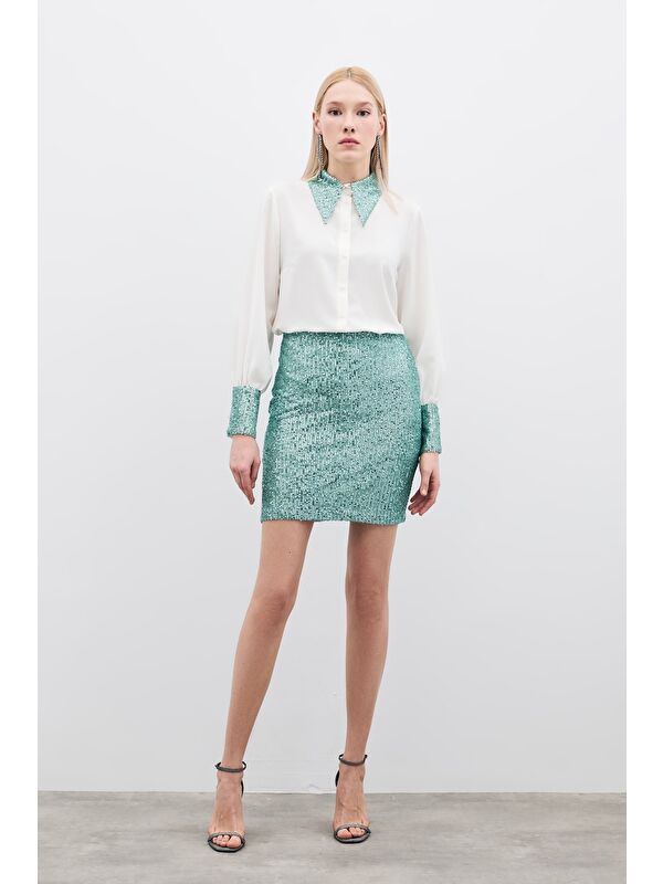 SATEEN Payetli Mini Etek - Mint