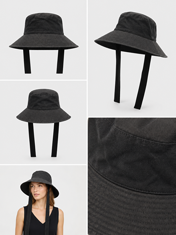 Luminos Butik Siyah Bağlama Detaylı Bucket Şapka Spk09-1