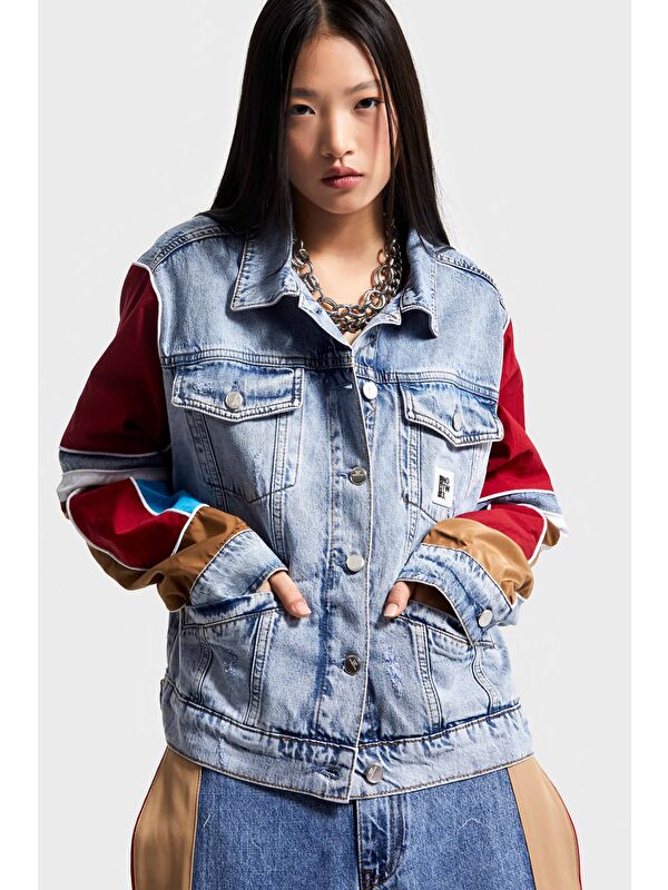 It's Basic Kadın Tint Kırmızı Renk Çift Parça Kumaş Oversize Özel Tasarım Denim Ceket