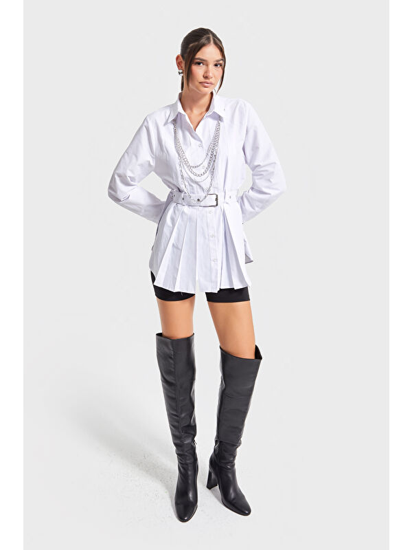 It's Basic Kadın Beyaz Renk Kemer Detaylı Kolye Aksesuarlı Özel Tasarım Uzun Boy Oversize Gömlek