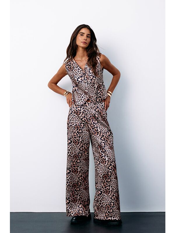 SATEEN Leopar Desenli Saten Pantolon - Vizon