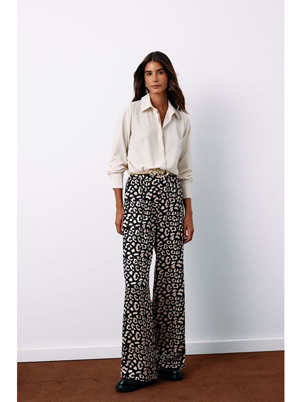 SATEEN Yüksek Bel Leopar Pantolon - Siyah