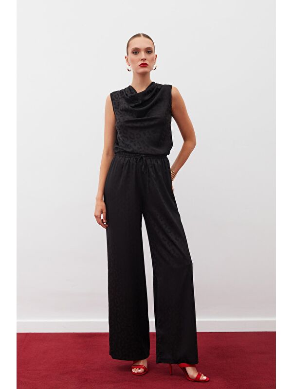 SATEEN Bel Lastikli Desenli Pantolon - Siyah