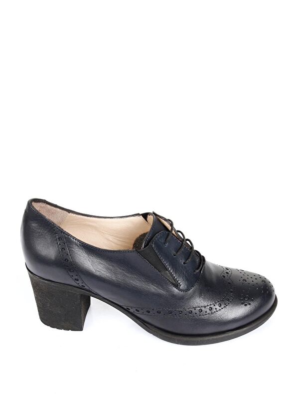 LACİVERT Hakiki Deri Yuvarlak Burun Kalın Orta Topuklu Kauçuk Taban Bağcıklı Kadın Ayakkabı 24040 - Görsel 5