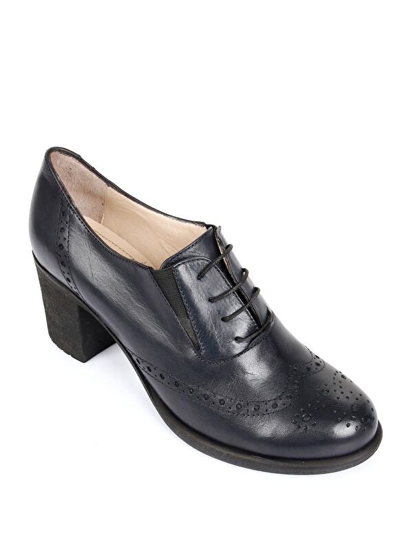 LACİVERT Hakiki Deri Yuvarlak Burun Kalın Orta Topuklu Kauçuk Taban Bağcıklı Kadın Ayakkabı 24040 - Görsel 6