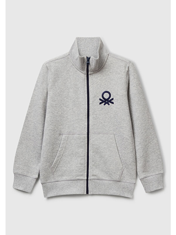 United Colors Of Benetton Erkek Çocuk Gri Melanj Logolu Sweatshirt