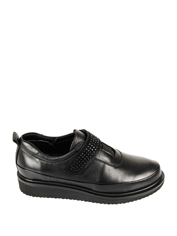 SİYAH Hakiki Deri Yuvarlak Burun Dolgu Taban Taş Detaylı Kadın Ayakkabı 24145 - Görsel 5