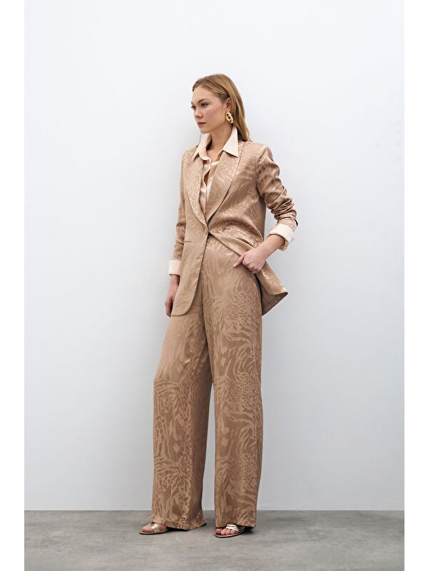 SATEEN Desenli Saten Pantolon - Vizon