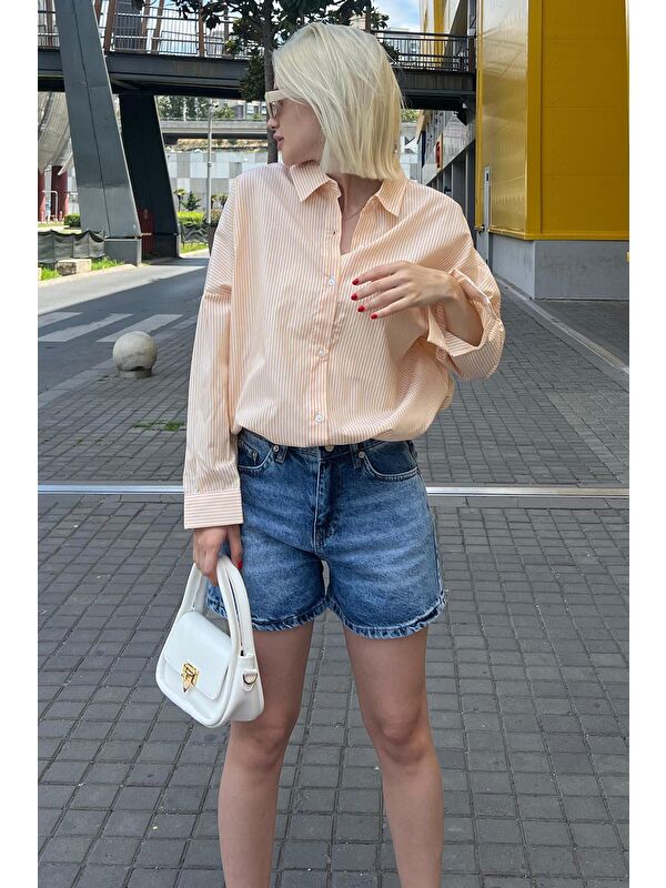 Madmext Sarı Çizgili Over Fit Gömlek Mg1525