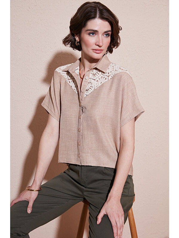 Lela Dantelli Relaxed Fit Kısa Kollu Kadın Gömlek 5865764