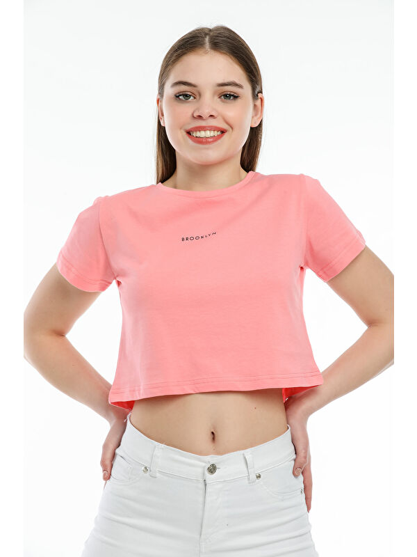 Süperlife Kadın Bisiklet Yaka Slim Fit Brookyn Baskılı Tişort SPR21Y14