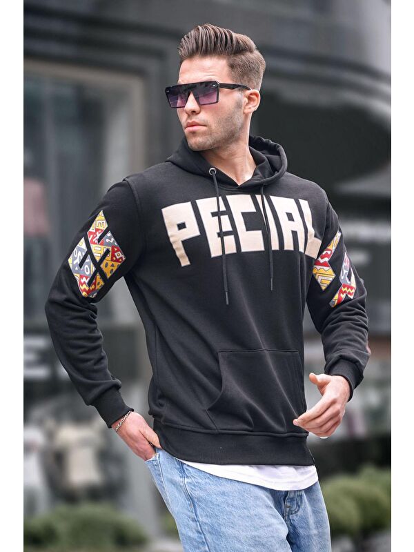 Madmext Siyah Baskılı Kapüşonlu  Erkek Hoodie 6039