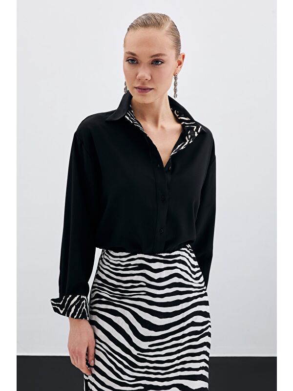 SATEEN Zebra Desenli Klasik Gömlek - Siyah