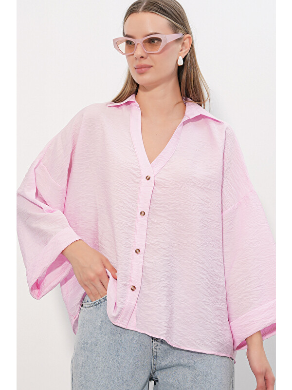 Bigdart Kadın Geniş Kol Oversize Gömlek 20401 - Pembe