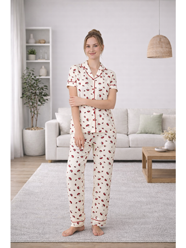 Formo PREMIUM Kadın Ekru Viskon Gömlek Yaka Biyeli Boydan Düğmeli Kısa Kollu Yüksek Kalite Pijama Takımı