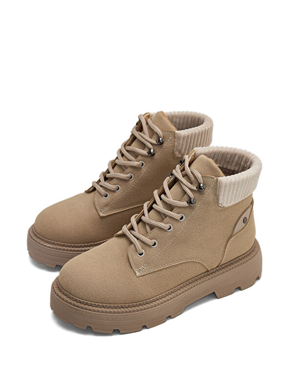 Kadın Bej Süet Kalın Poli Taban Bileği Lastikli Bağcıklı Bot - Görsel 4