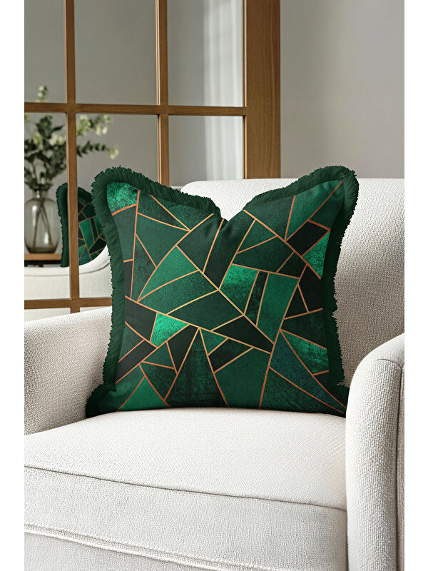 Milbay Grup Modern Geometrik Saçaklı Yastık Kılıfı - Lüks Art Deco Zümrüt Yeşili Gold Püsküllü Kırlent Kılıfı