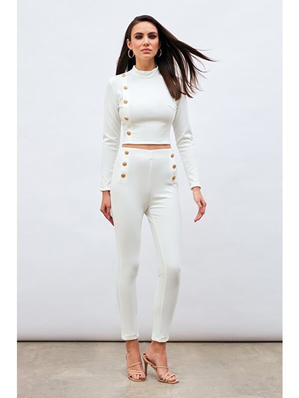 SATEEN Düğme Detaylı Pantolon - Ekru