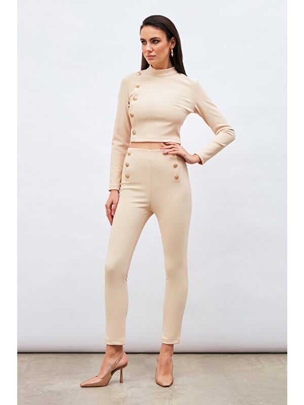 SATEEN Düğme Detaylı Pantolon - Bej