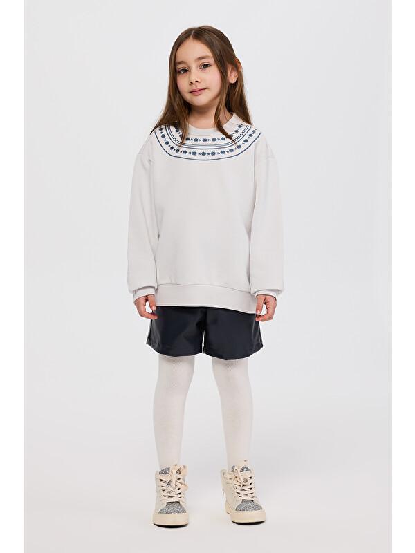 Panço Kız Çocuk Nakışlı Gri Sweatshirt